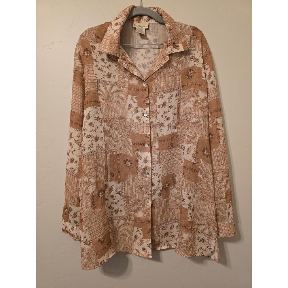 Brown Patchwork Button Up Shirt Vintage Style Paisley Oversized Large